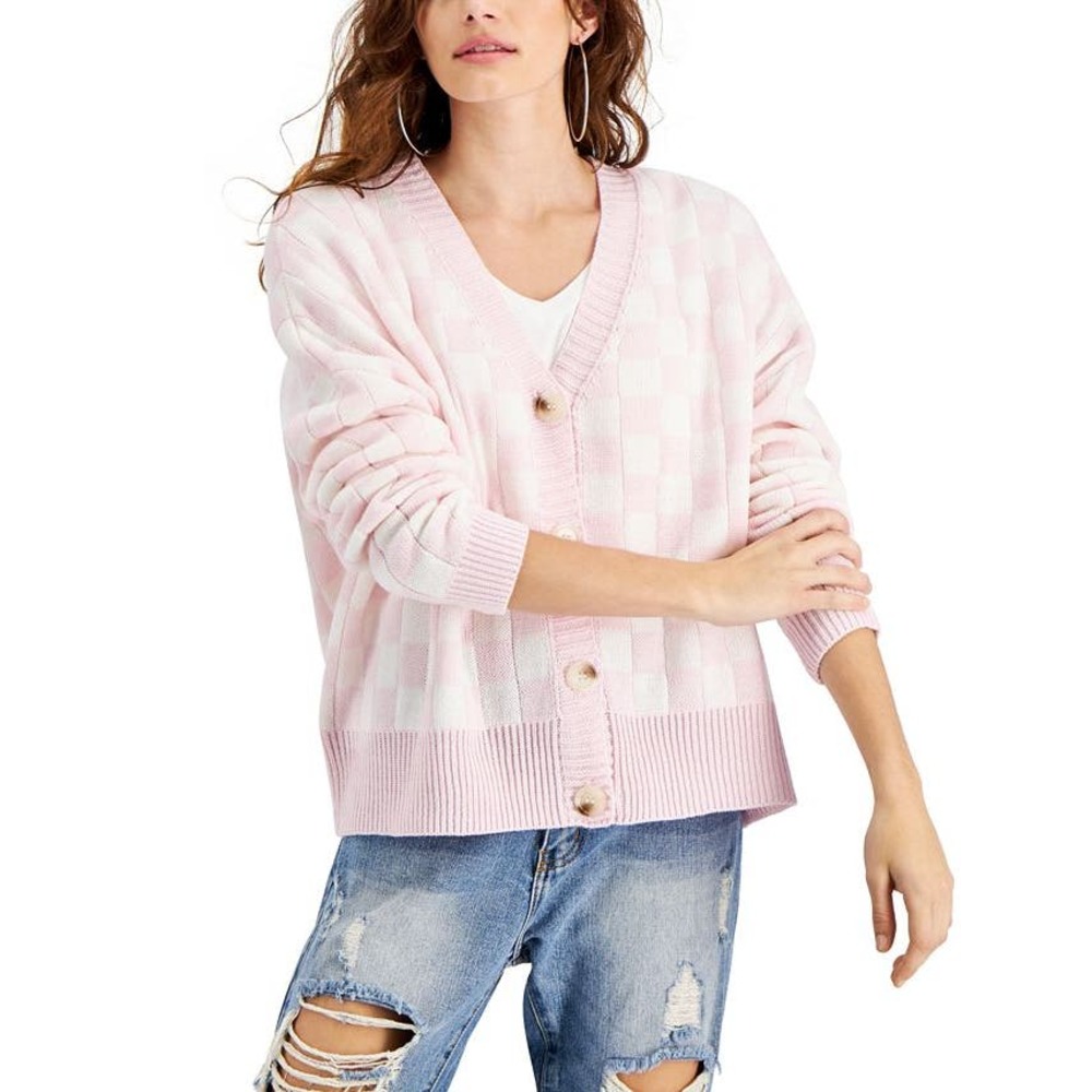Women's Pink Check V-Neck Button Cardigan Sweater